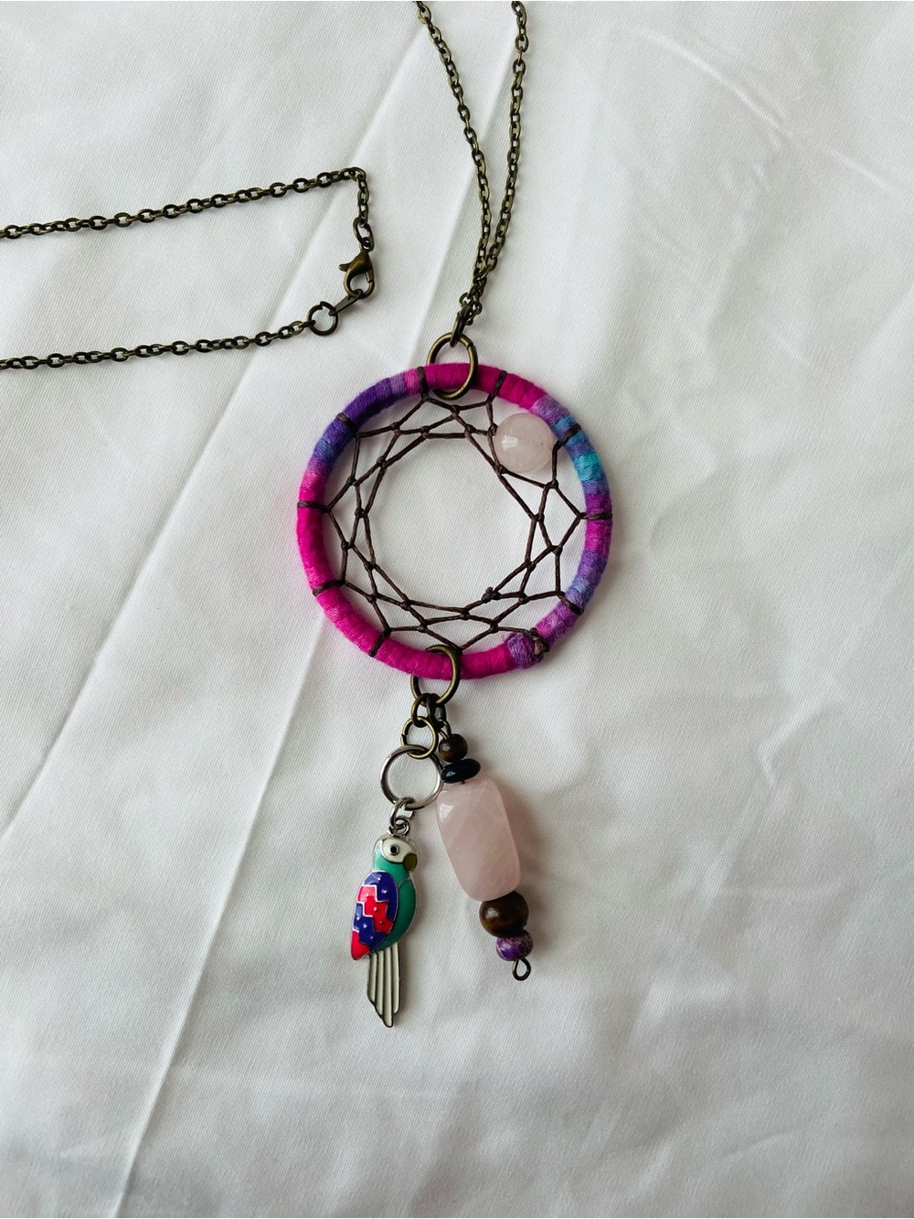 Dreamcatcher Pendant Necklace- rose quartz and bird charms